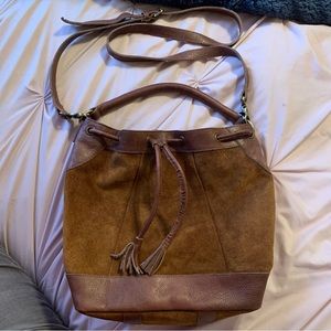 Anabaglish Rowan Suede Leather Crossbody Bucket Bag ~ Brown With Tassels